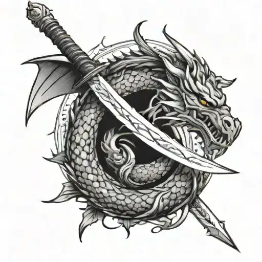 filipino sword with the bakunawa(the moon eater dragon) wrapped around it and glowin moon upbove with stars surrounding  tattoo design idea