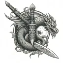 filipino sword with the bakunawa(the moon eater dragon) wrapped around it and glowin moon upbove with stars surrounding  tattoo design idea