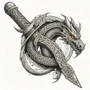 filipino sword with the bakunawa(the moon eater dragon) wrapped around it and glowin moon upbove with stars surrounding  tattoo design idea