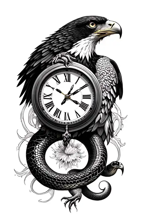snake eagle clock tattoo design idea