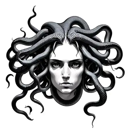medusa head, front facing, snakes going all tattoo design idea