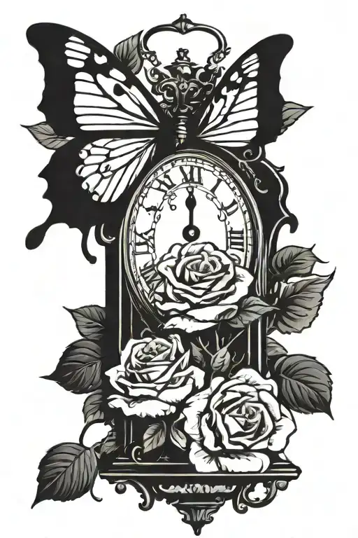grandfather clock with a rose on each side and monarch butterflier tattoo design idea