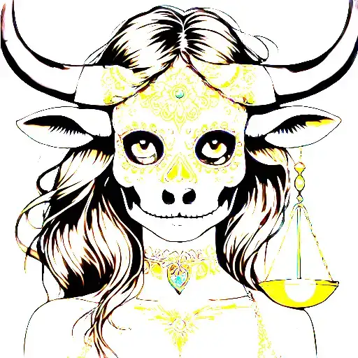 woman bull with sugar skull markings, brown eyes, brown hair and two Libra scales.  tattoo design idea