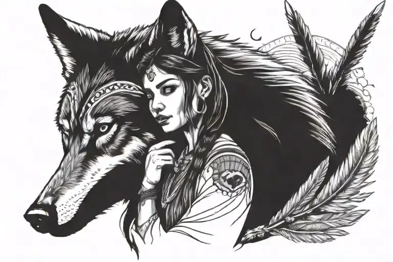 wolf trees feathers indian girl sitting with him holding his hand tattoo design idea