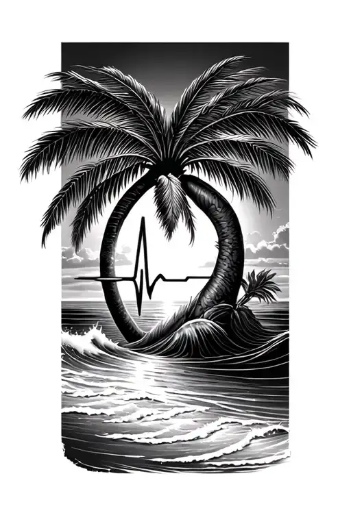 Palm Tree on a beach with waves in the form of a heartbeat with Rest in paradise PGF hidden in the palm Leaves tattoo design idea