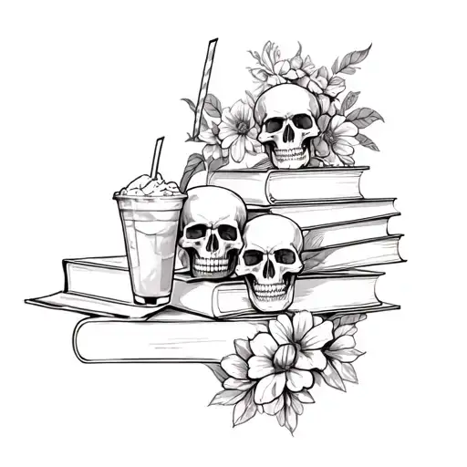 A stack of books with skulls, flowers and an iced coffee drink tattoo design idea