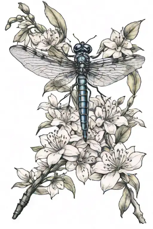 (elegant ebony jewel wing damselfly), surrounded by vibrant rhododendrons, delicate dogwoods, and lush mountain laurels tattoo design idea