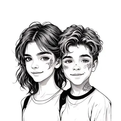 2 siblings, matching tattoos, both boys, line work happiness tattoo design idea