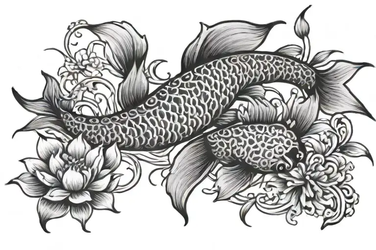 Korean and Japanese inspired dainty hip tattoo, caligraphy, fine line, feminine, include small koi fish tattoo design idea