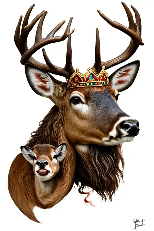 king of deer head with him wif and baby girl tattoo design idea