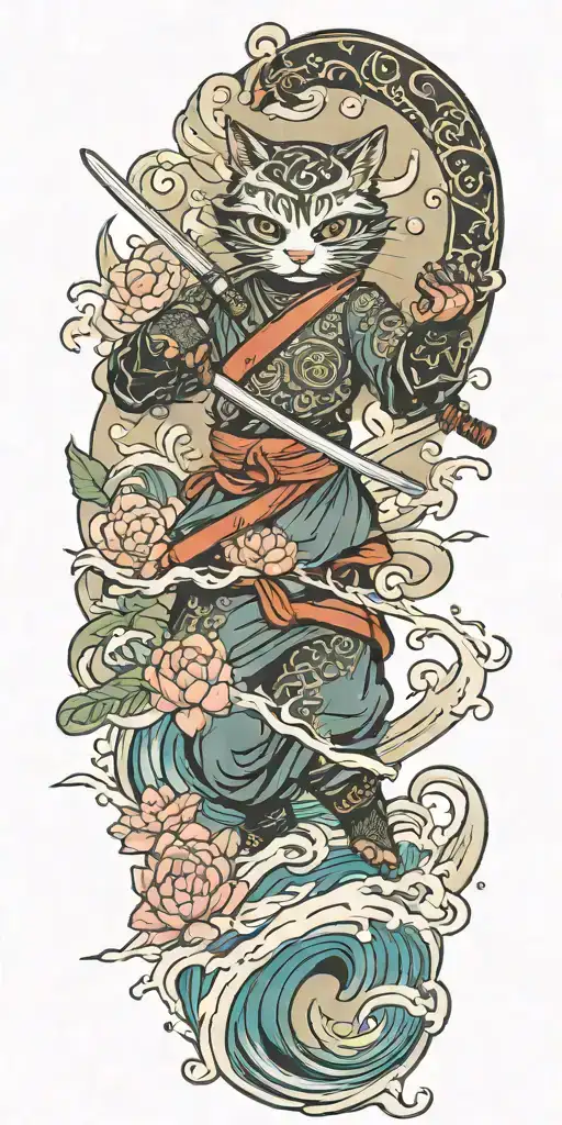 ninja cat surfing on a katana sword, tail, water, waves, lotus, sakura, clouds, whirlpool, leaves, peony tattoo design idea
