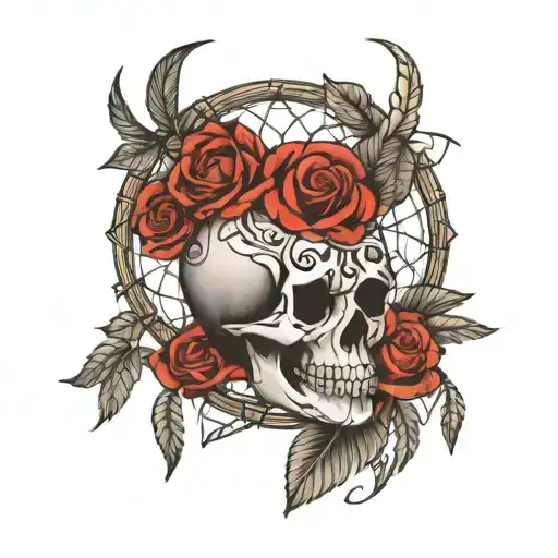 dream catcher roses skulls j written in calligraphy tattoo design idea