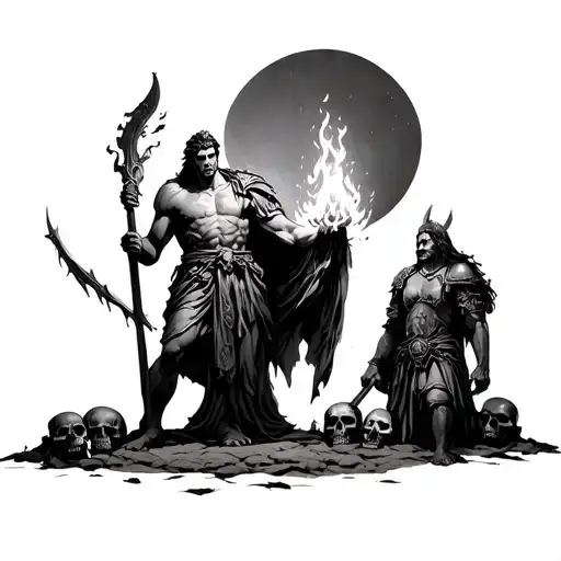 Prometheus holding fire next to a Viking warrior man and woman with skulls on the ground  tattoo design idea