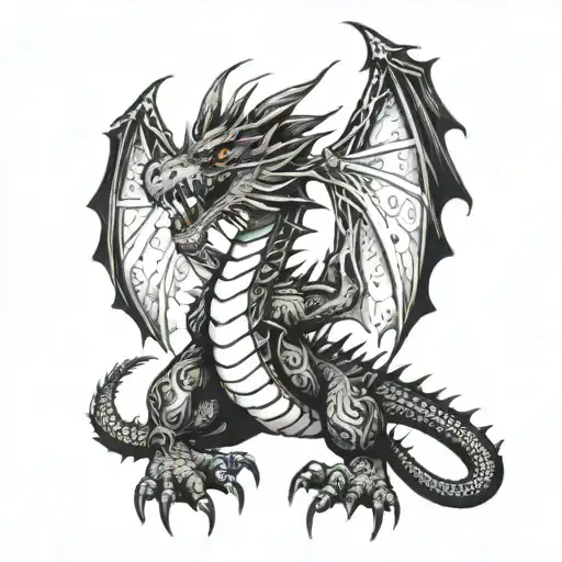 A fierce dragon in a fighting stance, incorporating elements of anime style, with intricate blackwork details tattoo design idea