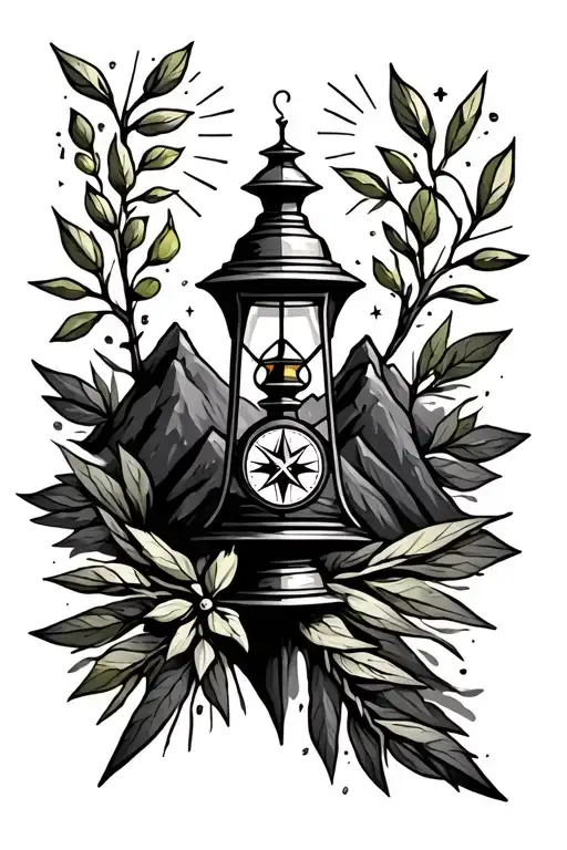 Mountain peaks , shepherds staff, olive branches sprouting new leaves, lantern with rays, compass with star points tattoo design idea