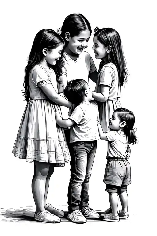 A sketch of a playful scene with your 3 nieces and nephew, capturing the joy of family gatherings tattoo design idea