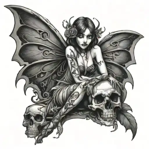 gothic fairy holding skull between legs  tattoo design idea