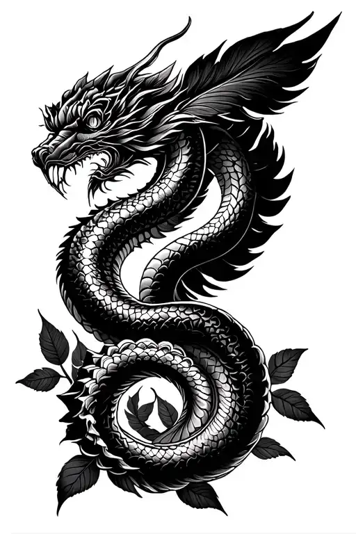 Quetzalcoatl feathered serpent coiling around rose tattoo design idea