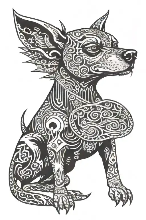 Latin American indigenous dog of death sitting on tattoo design idea