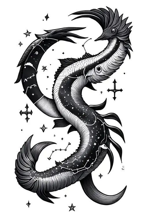 Create tattoo sleeve sketch of astrological symbols with constellations for Pisces, Gemini, Scorpio, and Capricorn with  tattoo design idea