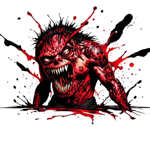 A monster tearing the skin of the abdomen. Hands off, you can see his happy mean face tattoo design idea