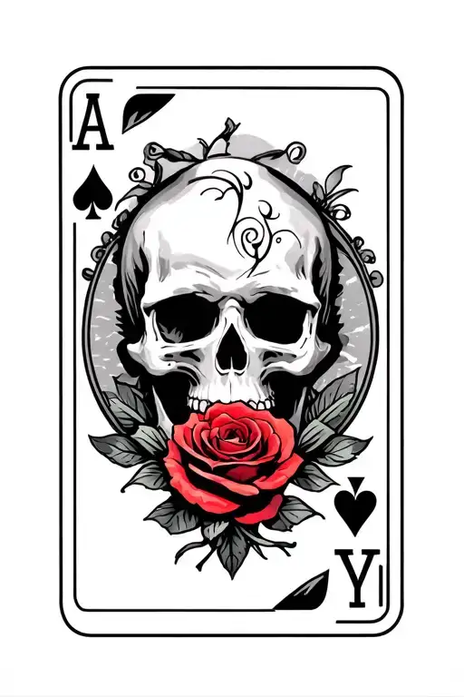 playing card: ace of hearts with a skull in the middle with a single rose in the mouth tattoo design idea