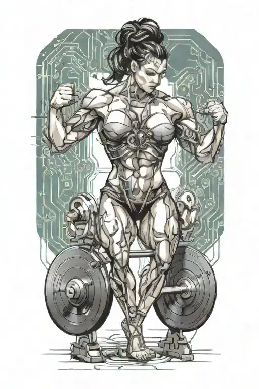 bodybuilder muscular women deadlifting with technology circuits vectors board merging tattoo design idea