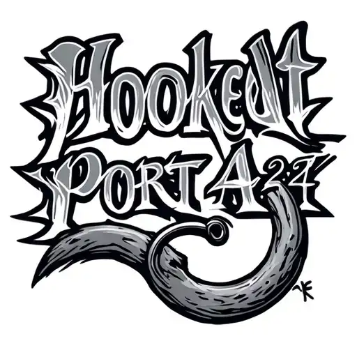"Hooked At Port A2024" hook in skin opening tattoo design idea