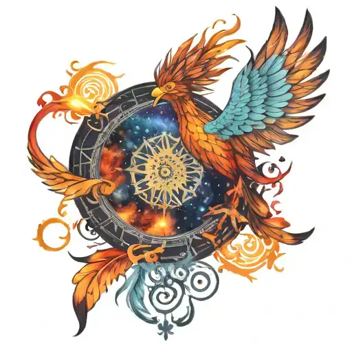Phoenix spreading its wings in cosmic background with wheel of samsara tattoo design idea