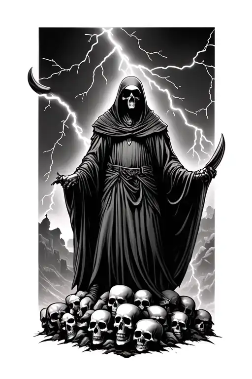 grim reaper standing on hill of skulls in distance, with lightning striking tattoo design idea