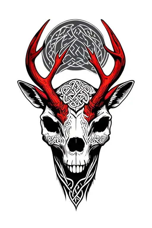 stylized skull with large red deer antlers, inspired by Herne the Hunter. The skull is decorated with Celtic and Pictish tattoo design idea