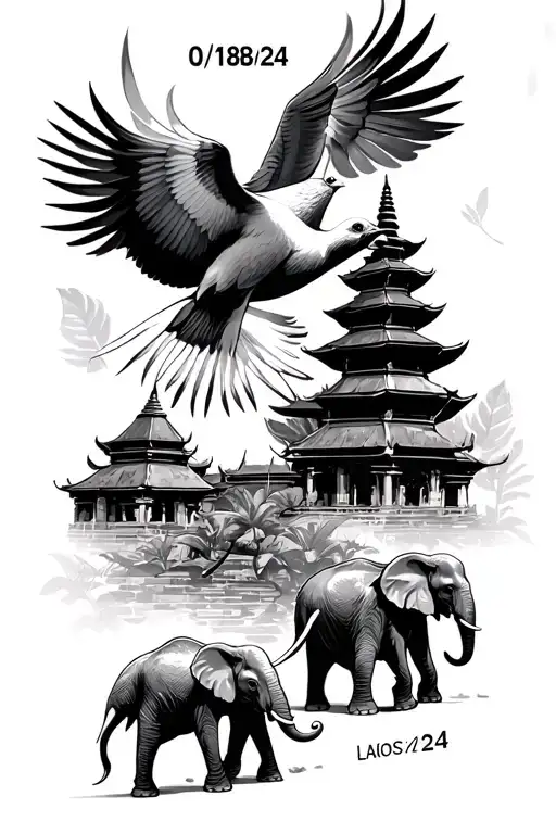 "01/18/24" two doves with laos temple with elephants walking tattoo design idea