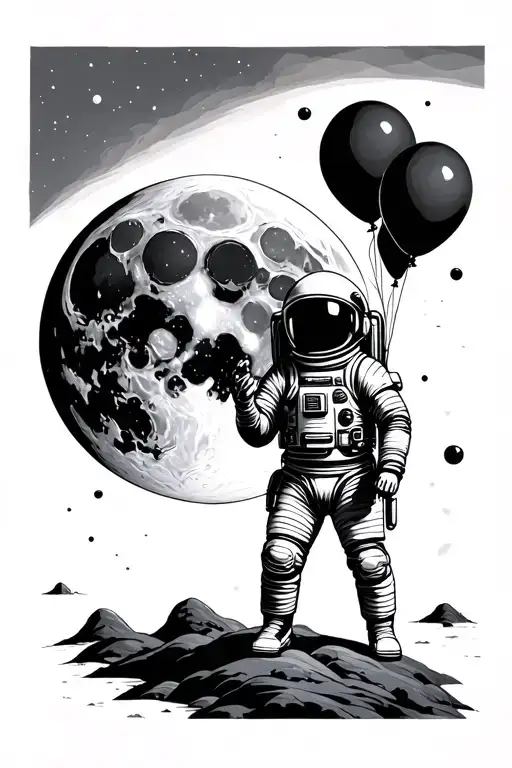 astronaut and balloons and moon merging together tattoo design idea
