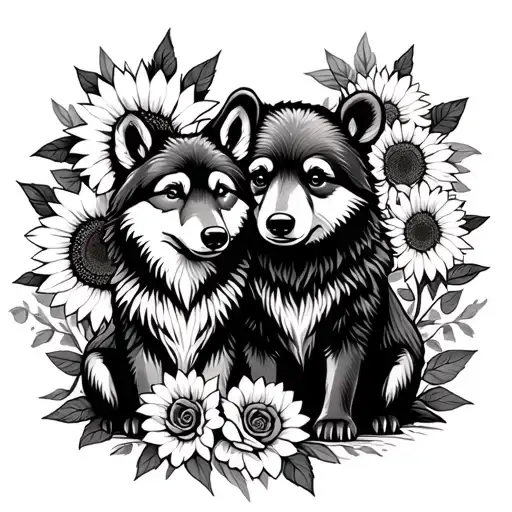  cute baby wolf and bear sitting with sunflowers and roses. black tattoo design idea