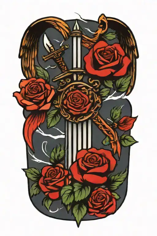angel wings and sword, roses tattoo design idea