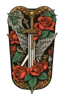 angel wings and sword, roses tattoo design idea