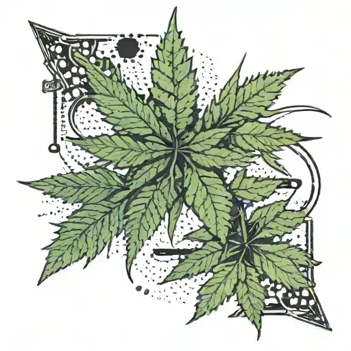 Marijuana leaf morphing into a film strip, with video game elements intertwined tattoo design idea