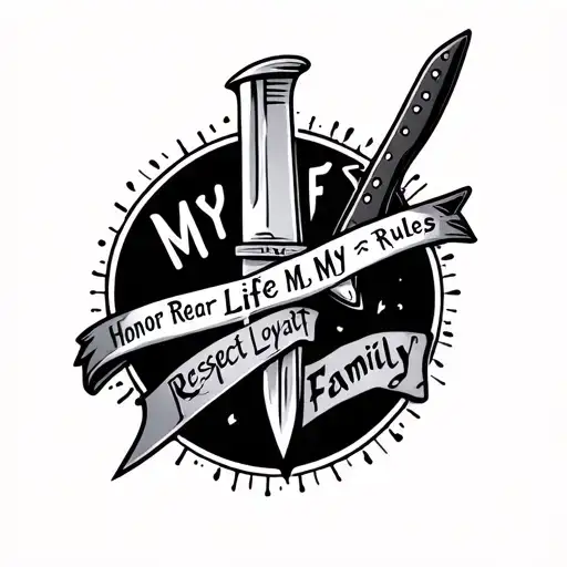 knife, my life, my rules, honor respect loyalty family, banner tattoo design idea
