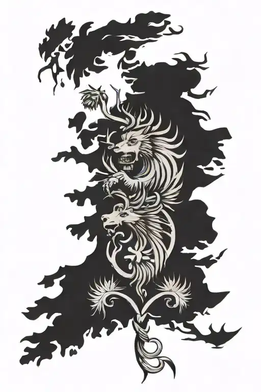 Scottish iconic images with thistle intertwined. Includes a rampant lion, stags and warriors for scottish history. tattoo design idea