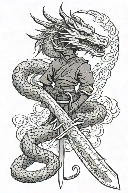 samurai sword w snake and dragon wrapped tattoo design idea