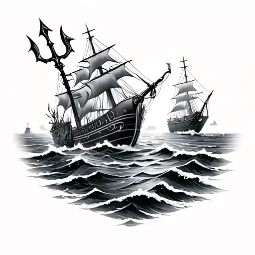Nautical themed sleeve tattoo with posiden and a trident in the ocean with shipwreck tattoo design idea