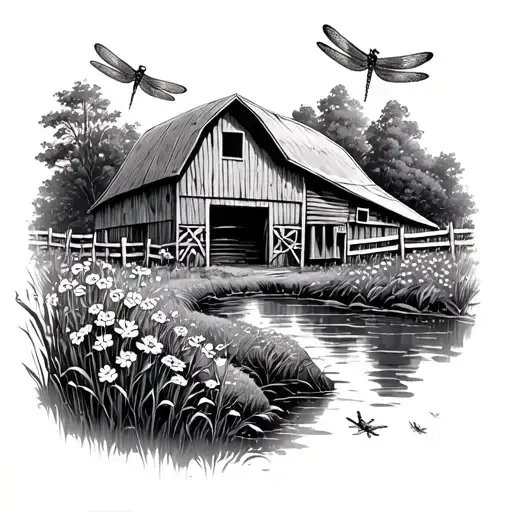 farm yard with milking barn and wood post fence and a creek in the background add dragonflies and wild flowers  tattoo design idea