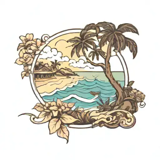 I want outline of Jamaicas island and inside the outline a scenery of an island and small quote, "Take it day by day." tattoo design idea