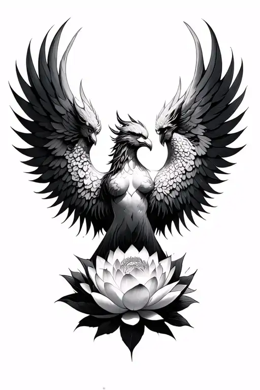 Phoenix rising and lotus blooming out of Phoenix wings tattoo design idea