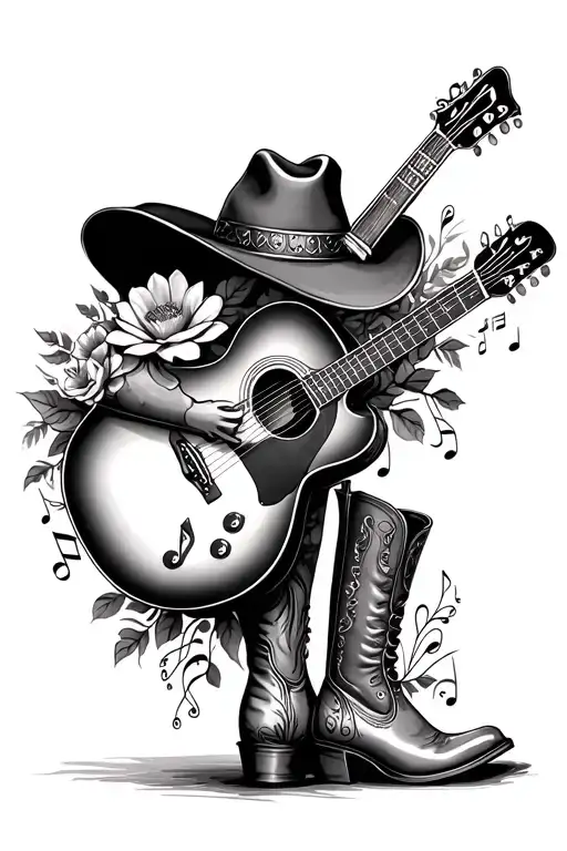 cowboy hat, boots guitar flowers, music notes tattoo design idea