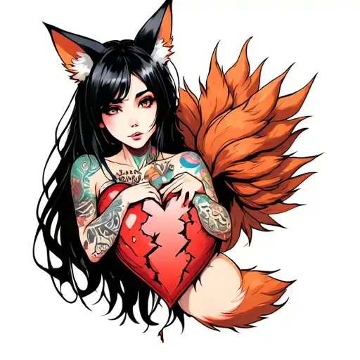 anime woman with black hair, tattoos and fox ears stitching together a broken heart wrapped with fox tails tattoo design idea