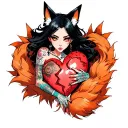 anime woman with black hair, tattoos and fox ears stitching together a broken heart wrapped with fox tails tattoo design idea