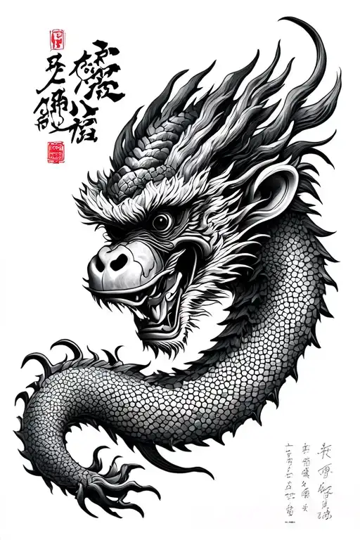chinese dragon with monkey mask cyberpunk style tattoo tattoo design idea
