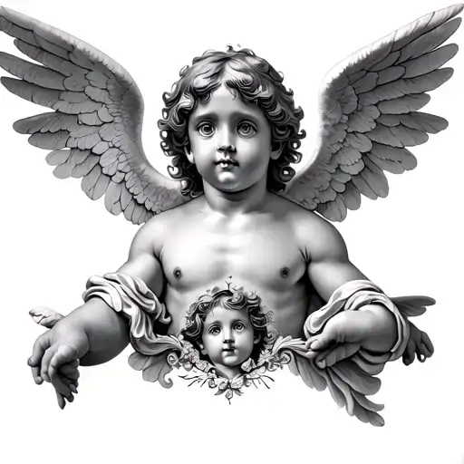 cherub tattoo on each side of the client's chest and something angelic in the middle of clients chest inbetween cherubs tattoo design idea