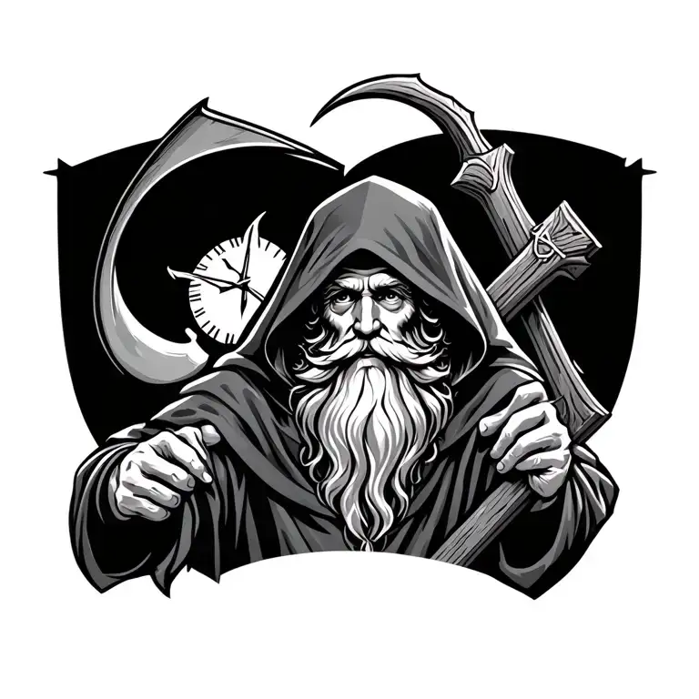 b&w father time with hood cover face besides long beard mouth nose and scythe carrying a cross back shoulders reaching tattoo design idea